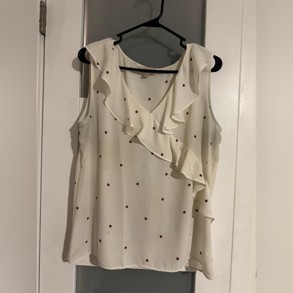 LOFT Cream Ruffle Blouse with Red Dots